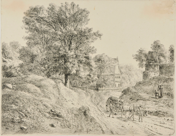 LANDSCAPE WITH LOADED HAY WAGON ON ROAD