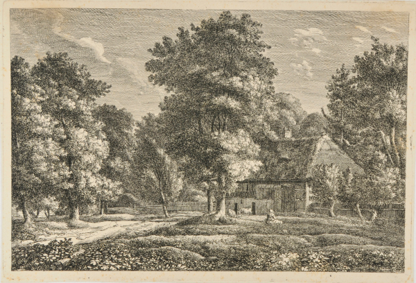 LANDSCAPE WITH WOMAN AND TWO COWS BY A COTTAGE