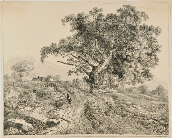 LANDSCAPE WITH OAK AND MAN DRIVING COW