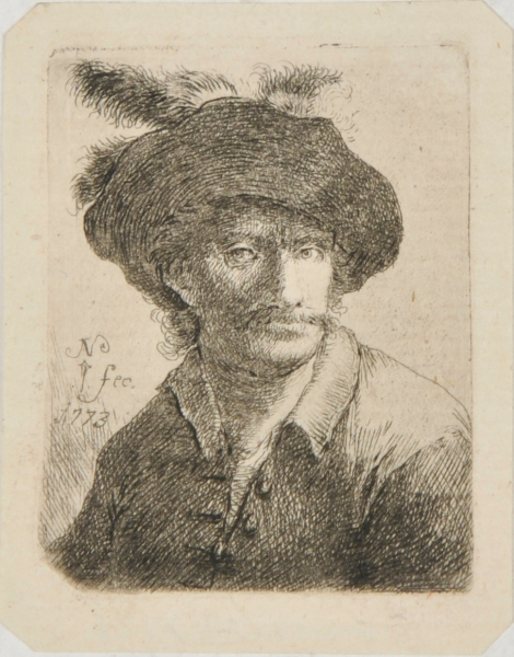 BUST OF A MAN WEARING A HAT WITH THREE FEATHERS