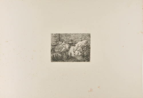 ROCKY LANDSCAPE WITH MAN ON BRIDGE OVER A WATERFALL