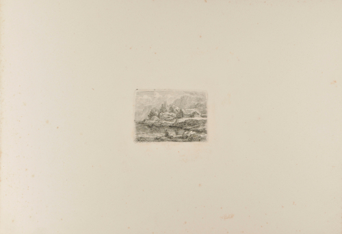 LANDSCAPE WITH SAILBOAT AND MAN FISHING