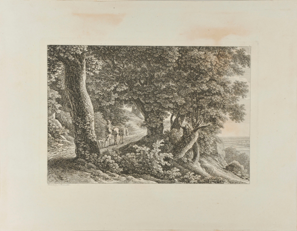LANDSCAPE WITH MAN DRIVING A DONKEY UNDER THE TREES