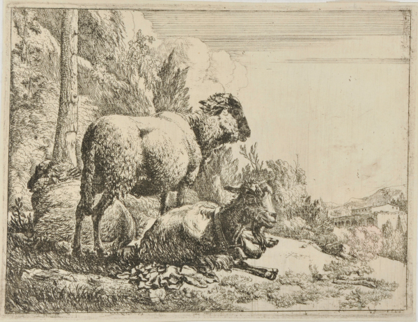 STANDING SHEEP AT LEFT, LYING SHEEP, AND LYING GOAT WITH BELL