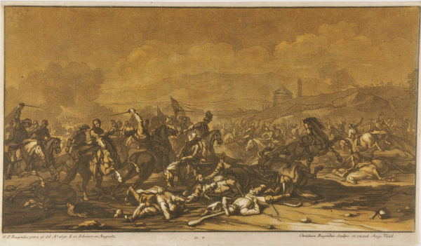 BATTLE SCENE, WITH DEAD AND WOUNDED SOLDIERS IN FOREGROUND, REARING HORSE AT RIGHT