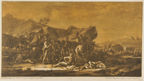 MILITARY SCENE, SOLDIER ON HORSEBACK IN CENTER GIVING ORDERS, DEAD HORSE ON GROUND AT LEFT