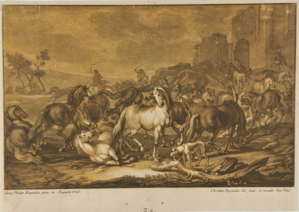 MILITARY SCENE, WITH RIDERLESS HORSES IN CONFUSION