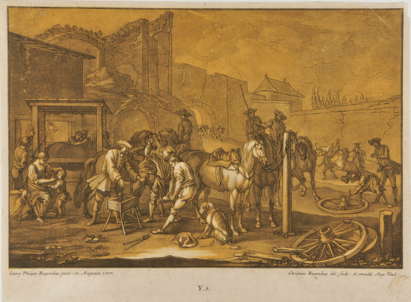 MILITARY SCENE, MEN SHOEING HORSE IN CENTER