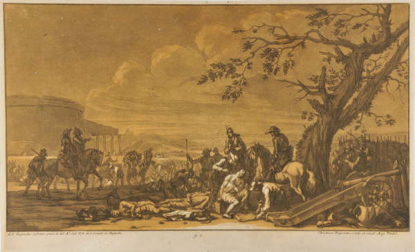 MILITARY SCENE, WITH WOUNDED AND DYING MEN IN FOREGROUND, RECEIVING MEDICAL AND SPIRITUAL AID