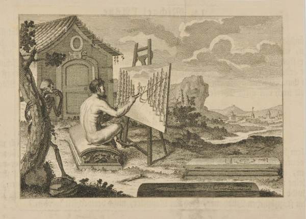 Satyr Painting in Graveyard with Skeleton Standing by Tree