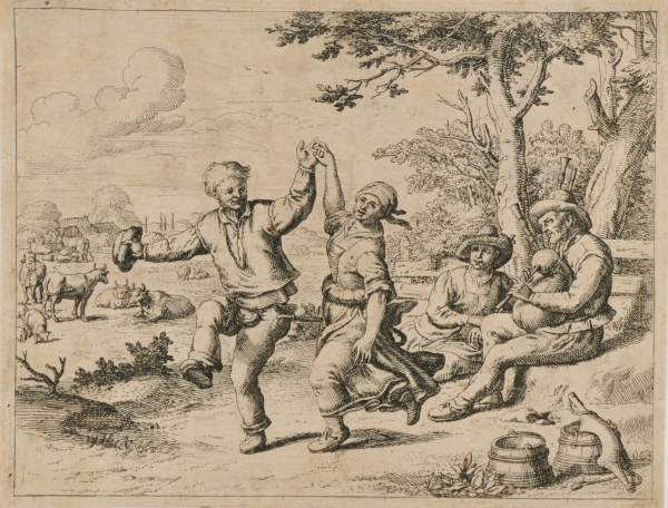 MAN PLAYING BAG-PIPE, AND PEASANTS DANCING