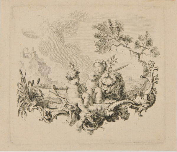 VIGNETTE WITH LION AND TWO PUTTI