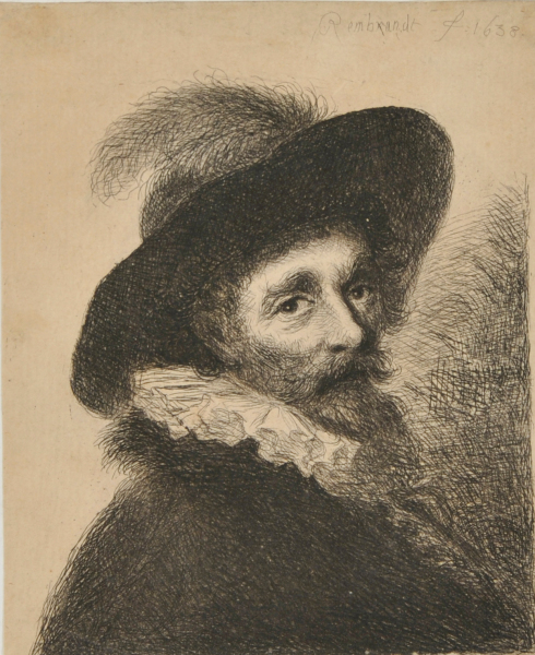 BUST OF A BEARDED MAN TURNED TO THE RIGHT, WEARING A RUFF AND A HAT WITH A FEATHER