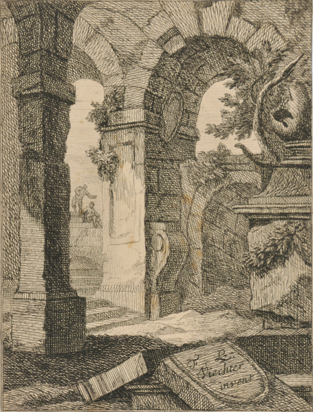 INTERIOR OF A RUIN WITH TWO MEN IN DISTANCE