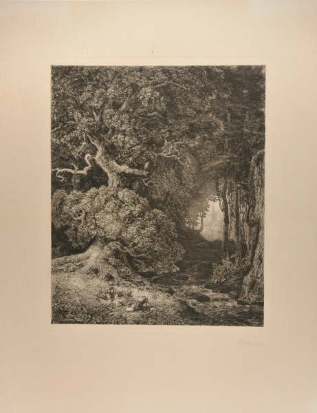 VIEW OF A DISTANT CHURCH STEEPLE THROUGH A FOREST CLEARING