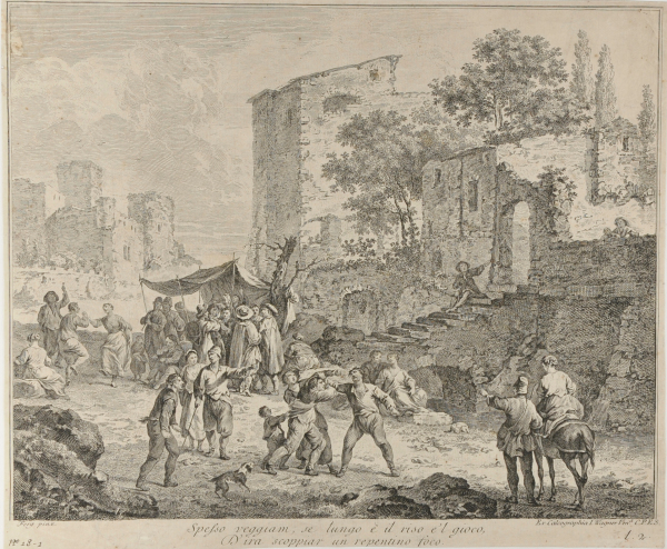 LANDSCAPE, WITH TWO MEN QUARRELING IN FOREGROUND