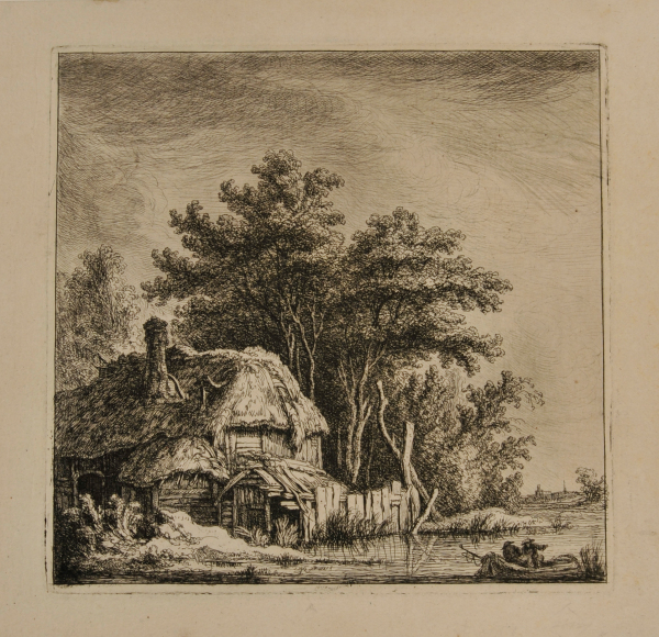 LANDSCAPE WITH COTTAGE ON THE WATER IN FRONT OF TREES