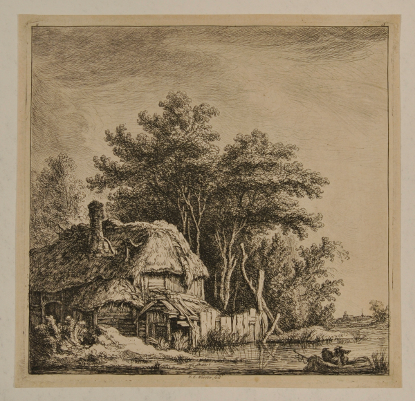 LANDSCAPE WITH COTTAGE ON THE WATER IN FRONT OF TREES