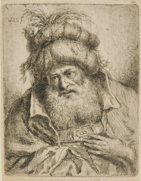 BUST OF AN ORIENTAL WITH BEARD AND TURBAN, HIS LEFT HAND ON HIS BREAST