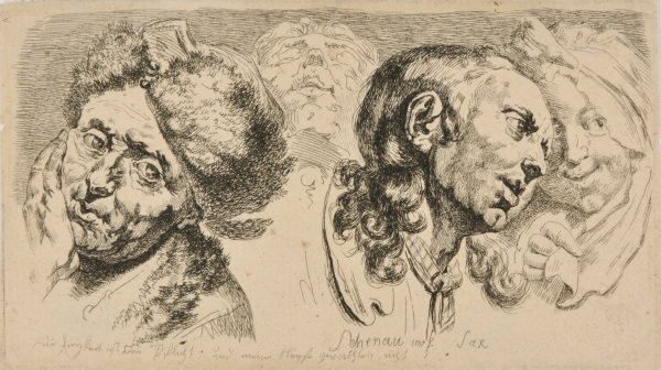 FOUR HEADS: MAN IN A FUR HAT, MAN LOOKING UP, MAN LOOKING TO RIGHT, AND A COY WOMAN