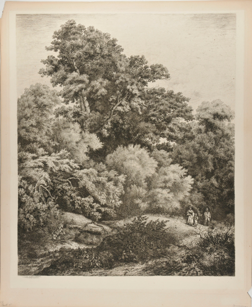 FOREST INTERIOR, WITH FIGURES ON A ROAD