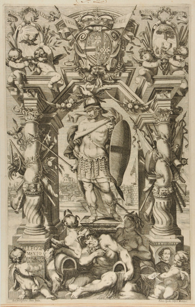 WARRIOR STANDING ON A PEDESTAL, WITH A FRAME ON WHICH ARE GROUPED ATTRIBUTES OF WAR AND PEACE