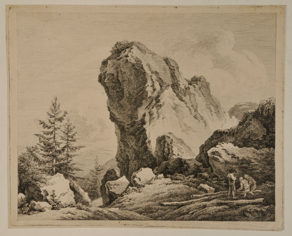 ROCKY PINACLE WITH THREE FIGURES AT RIGHT