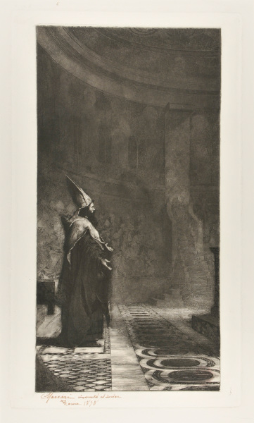 INTERIOR OF CATHEDRAL, WITH BISHOP IN FOREGROUND, HANDS EXTENDED IN SUPPLICATION