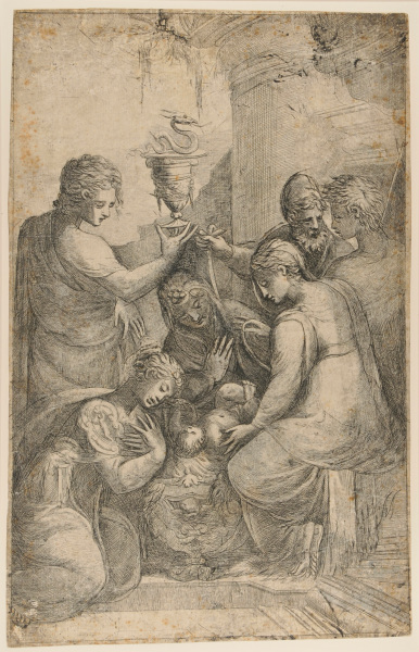 INFANT JESUS IN CRADLE, SURROUNDED BY SAINTS