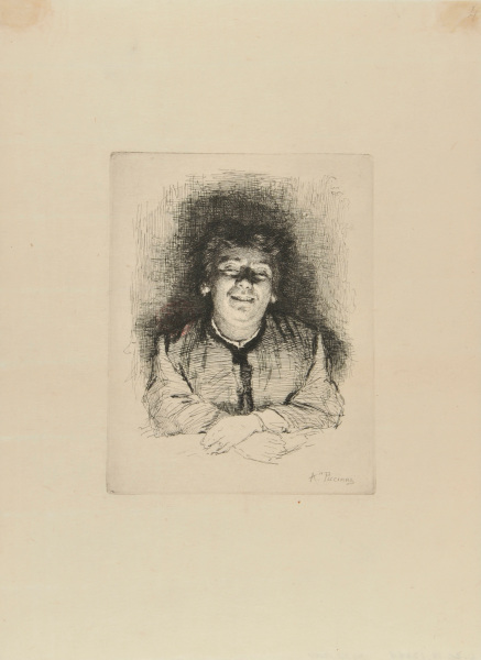 SMILING WOMAN, WITH FOLDED HANDS, LIGHT SHINING ON HER FACE