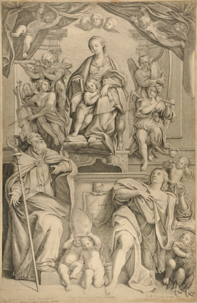 The Virgin and Child Enthroned, with St. Petronius and St. John the Evangelist in Adoration