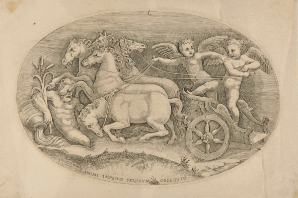 TWO CUPIDS IN A CHARIOT DRAWN BY FIVE HORSES