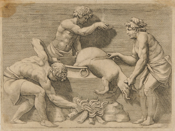 THREE MEN SACRIFICING A PIG