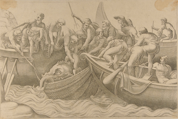 FISHERMEN DRAWING IN THEIR NETS WITH MONSTROUS FISH