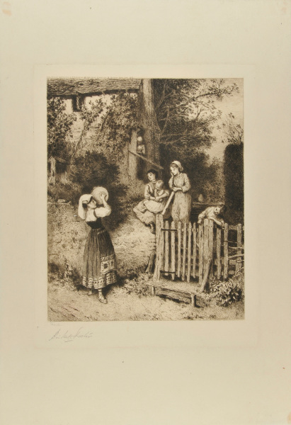 ITALIAN PEASANT GIRL PLAYING ON A TAMBOURINE AT A GATE