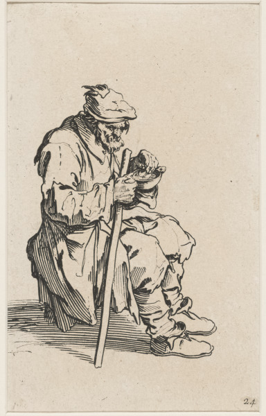 THE BEGGAR SITTING ON A STOOL EATING