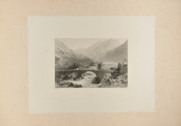 SWISS LANDSCAPE WITH STONE BRIDGE OVER A MOUNTAIN STREAM