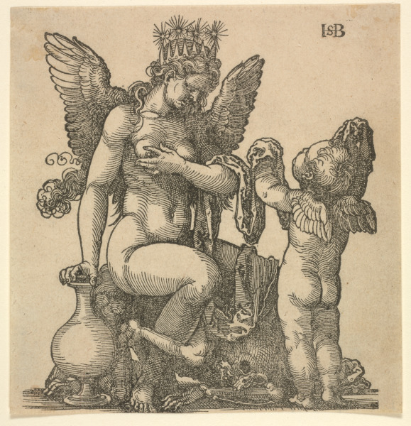NUDE WINGED FEMALE SITTING ON THE FIGURE OF DEATH
