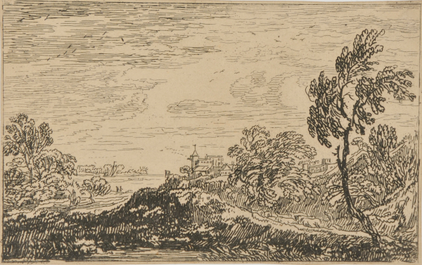 LANDSCAPE WITH HOUSES AND SAILBOAT IN DISTANCE