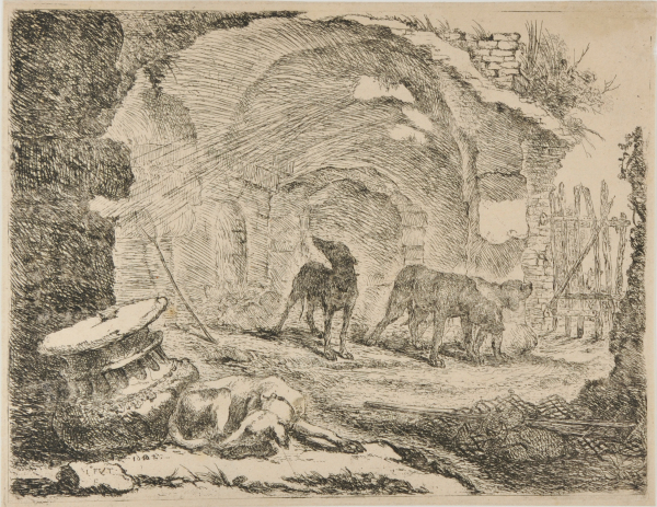 THE FOUR DOGS BY THE RUINS OF A BUILDING