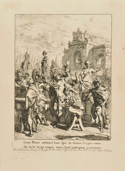Four illustrations for the 1668 tragedy ‘Dido’s Death’ by Andries Pels: Act II, the deliberation of Aeneas and his followers interrupted by Dido and Anna.