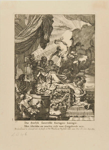 Four illustrations for the 1668 tragedy ‘Dido’s Death’ by Andries Pels: Act III, Dido’s Suicide