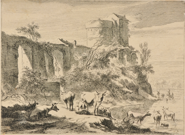 WOMAN MILKING A COW NEAR A RUIN ON A RIVER