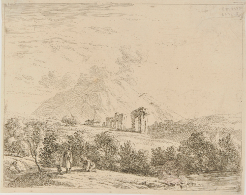 TWO MEN IN A LANDSCAPE WITH RUINS, WITH ONE MAN TYING HIS SHOE