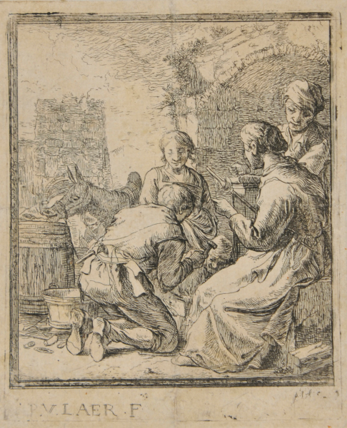 FOUR FIGURES IN A DILAPIDATED BUILDING (A BLACKSMITH'S WORKSHOP?)