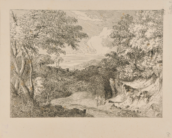 WOODED LANDSCAPE WITH FIGURES IN FOREGROUND