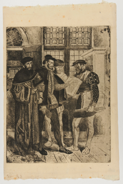 PRINTER PLANTIN PRESENTING A BOOK FROM HIS PRESS TO ARIUS MONTANUS AND TWO OTHER VISITORS