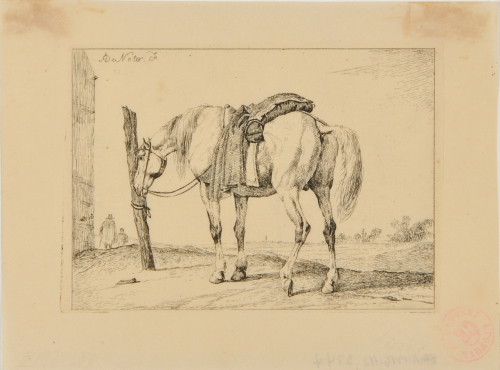 HORSE WITH SADDLE HITCHED TO POST