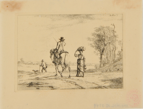 MAN ON HORSEBACK RIDING BY A WOMAN WITH BUNDLE ON HER HEAD