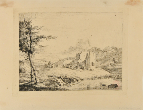 LANDSCAPE WITH RUINS, SMALL POND IN FOREGROUND